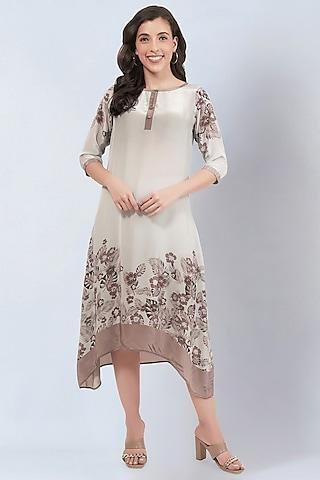 beige & grey viscose crepe floral printed kaftan dress