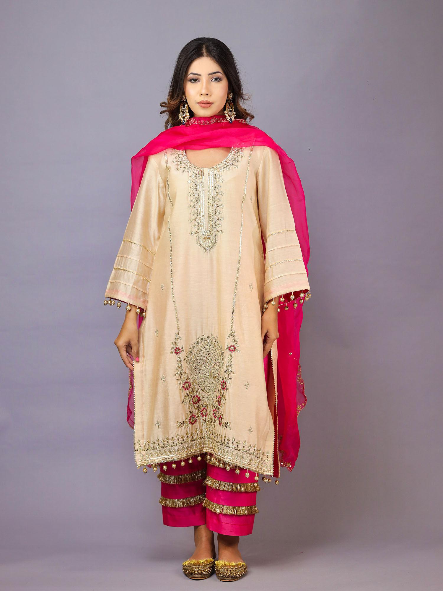 beige & hot pink kurta with pant and dupatta (set of 3)