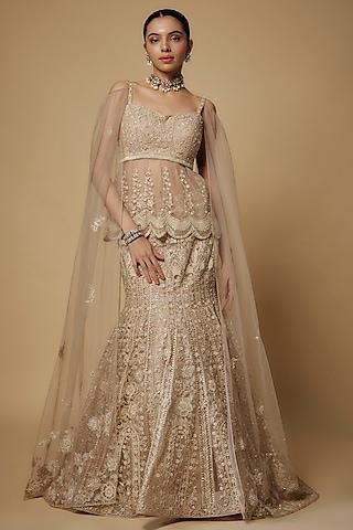 beige & ivory net cutdana embroidered lehenga set