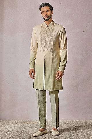 beige & jade ombre cotton moss embroidered kurta set