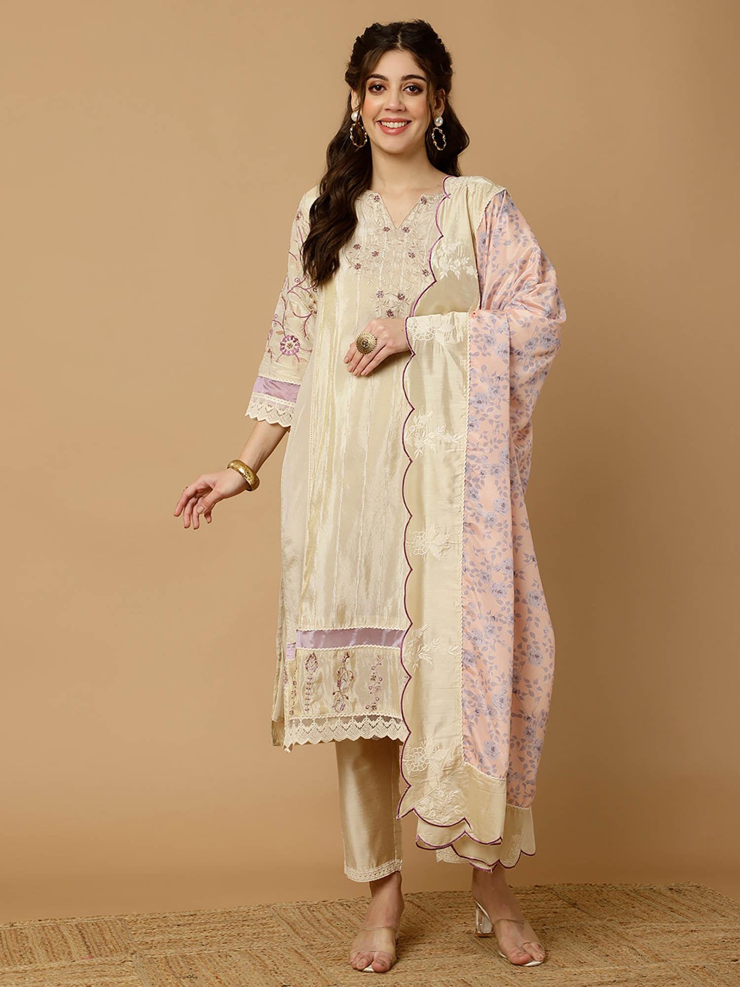 beige & lavender zardosi jacquard silk kurta with pant & dupatta (set of 3)