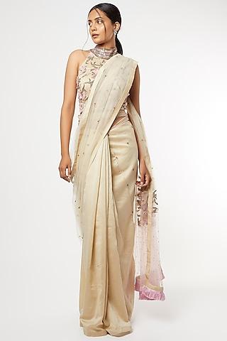 beige & lilac hand embroidered saree set