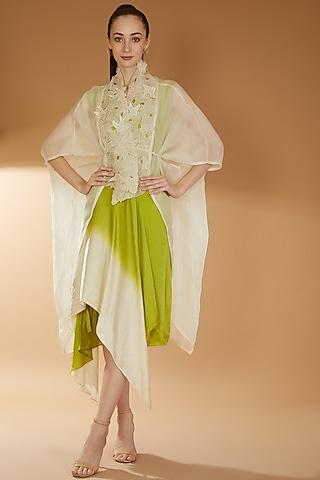 beige & lime green organza & modal satin embroidered kaftan dress