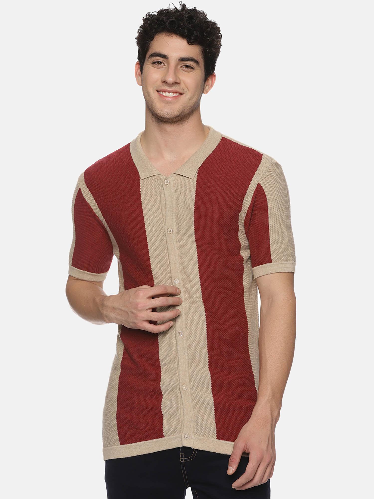 beige & maroon knitted polo t-shirt