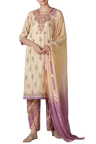 beige & mauve embroidered kurta set
