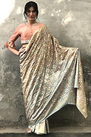 beige & mint printed saree set