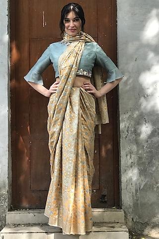 beige & mint silk printed saree set