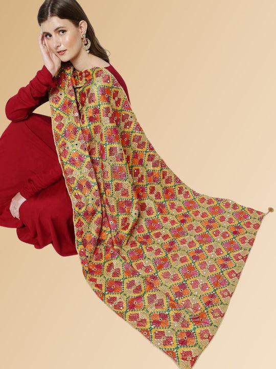 beige & multicoloured embellished phulkari chiffon dupatta