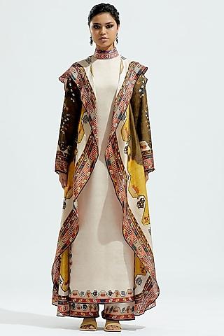 beige & mustard silk printed cape