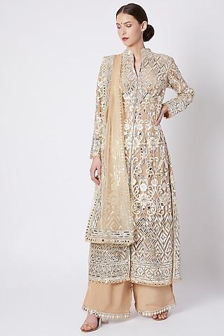 beige & off white embroidered kurta set