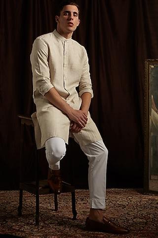beige & off-white linen kurta set