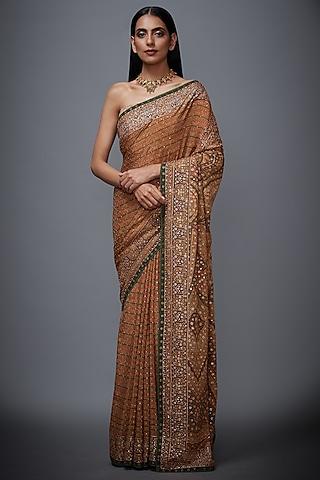 beige & olive green printed embroidered saree set