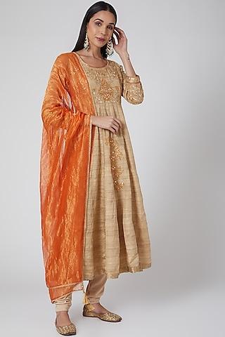 beige & orange embroidered anarkali set