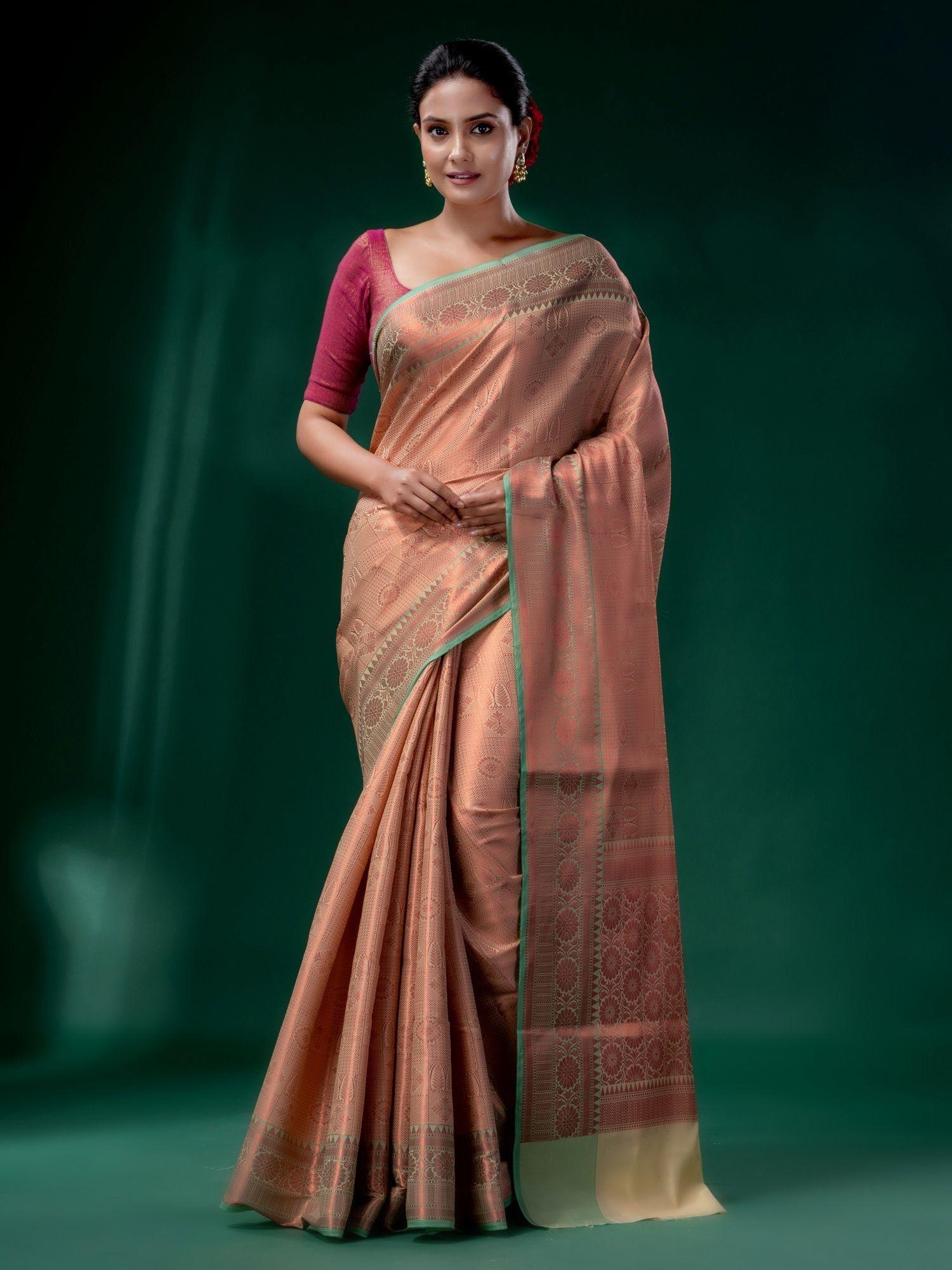 beige & pink blended silk brocade handwoven soft saree with unstitched blouse