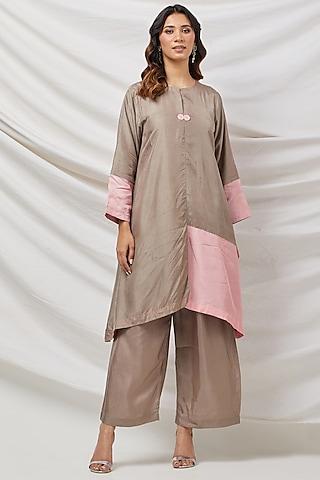 beige & pink cotton silk tunic set