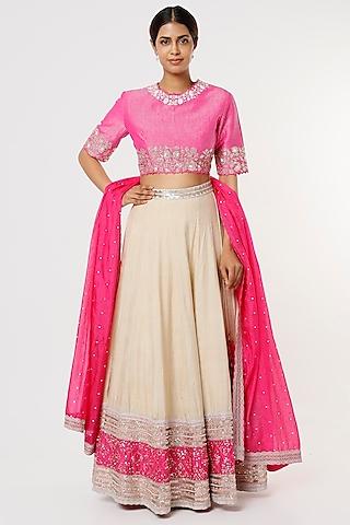 beige & pink embroidered lehenga set