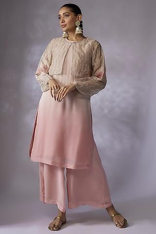 beige & pink ombre silk organza embroidered jacket kurta set