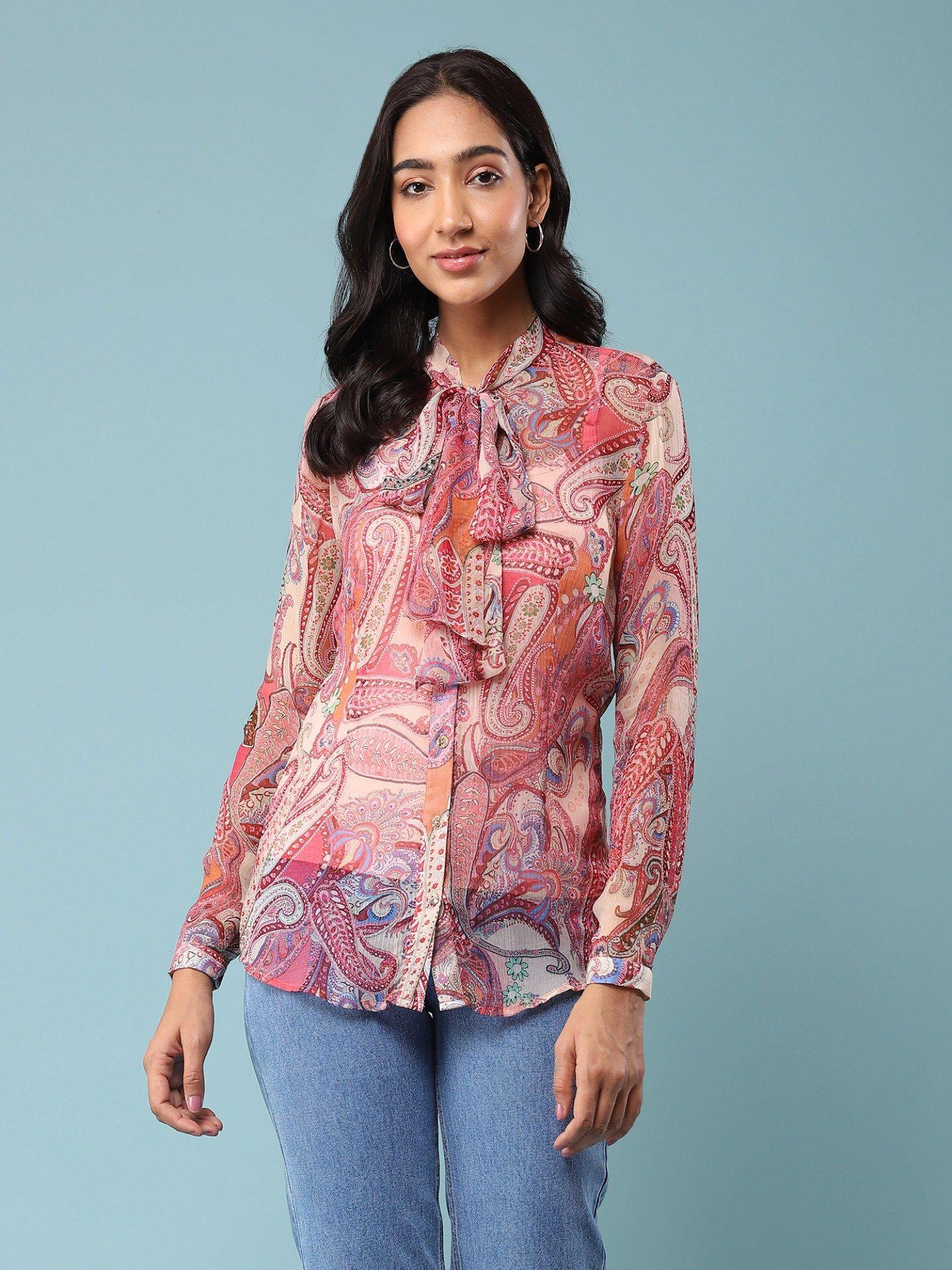 beige & pink paisley print tie-up shirt with inner (set of 2)