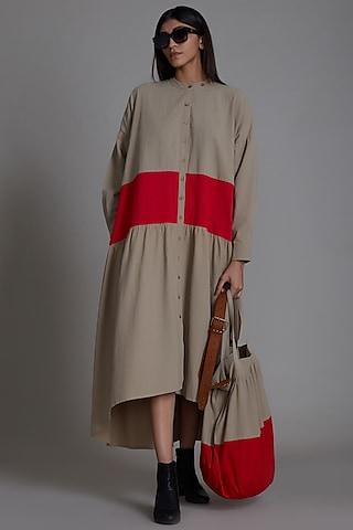 beige & red cotton color blocked shirt dress