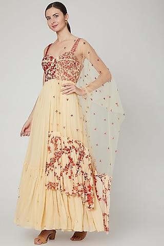 beige & red printed anarkali with dupatta