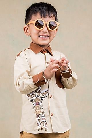 beige & tan brown cotton embroidered shirt for boys