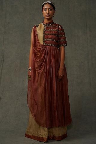 beige & terracotta embellished flared dress with drape