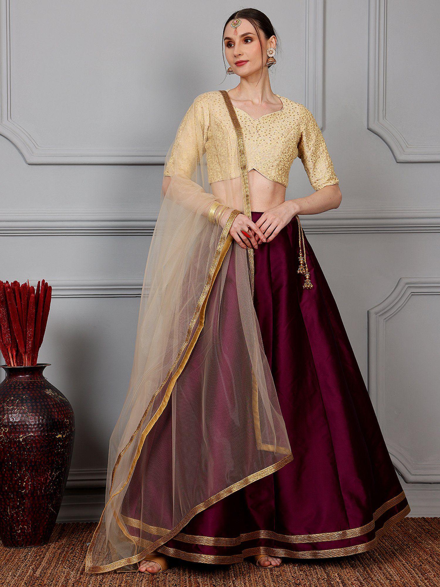 beige & wine embroidered kali blouse with lehenga & dupatta (set of 3)