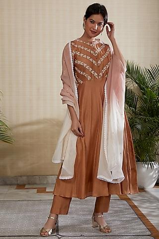 beige a-line embroidered kurta set