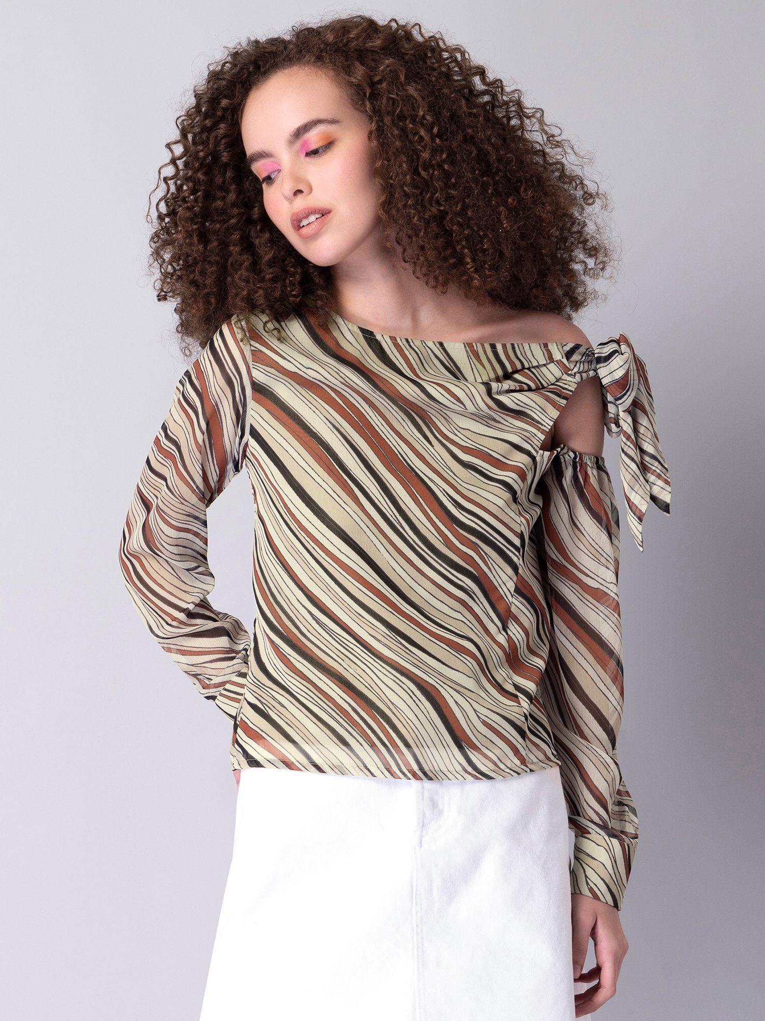 beige abstract boat neck tie up blouse