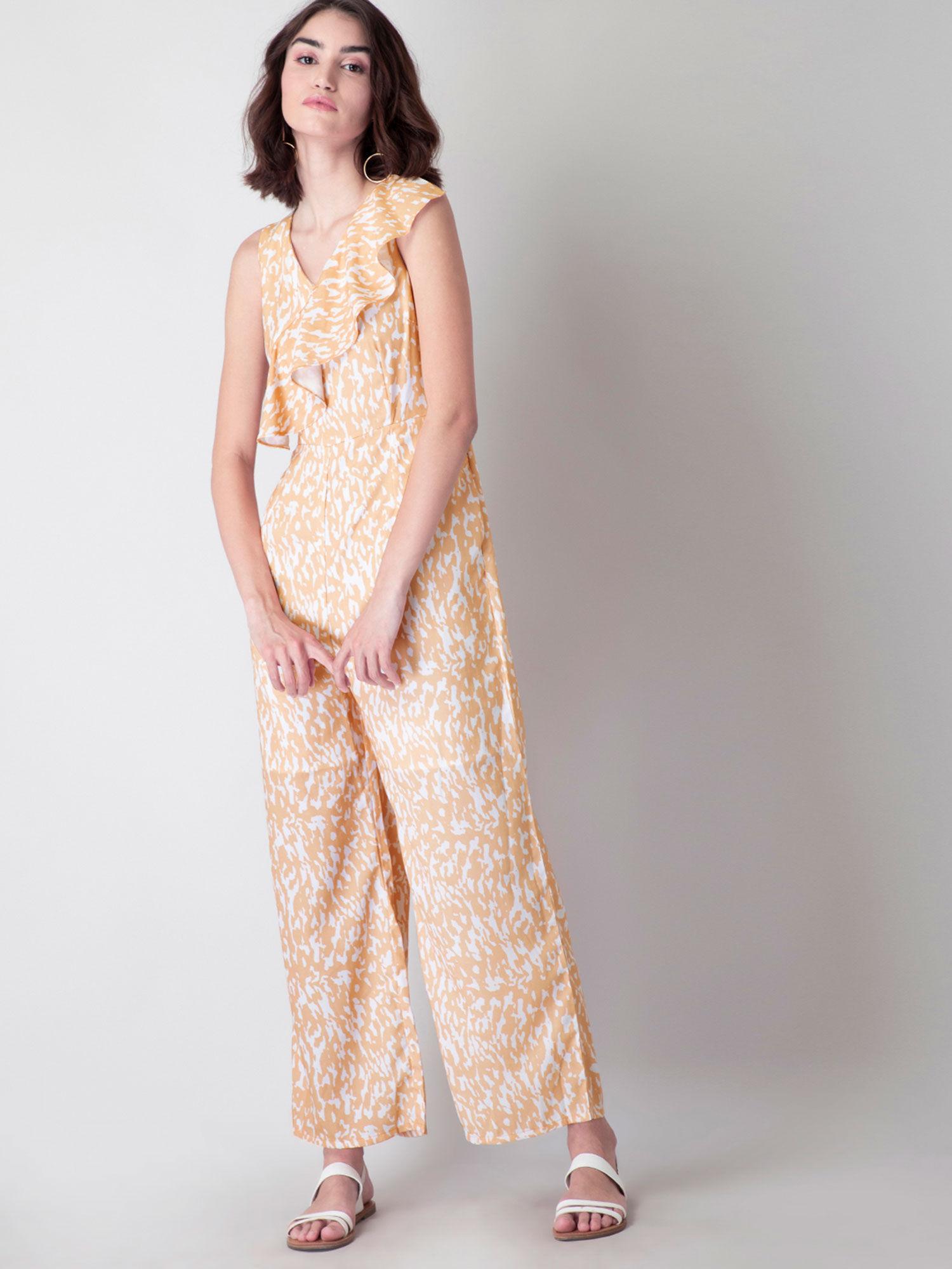 beige abstract ruffled neck jumpsuit