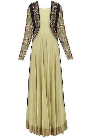 beige anarkali with black embroidered jacket