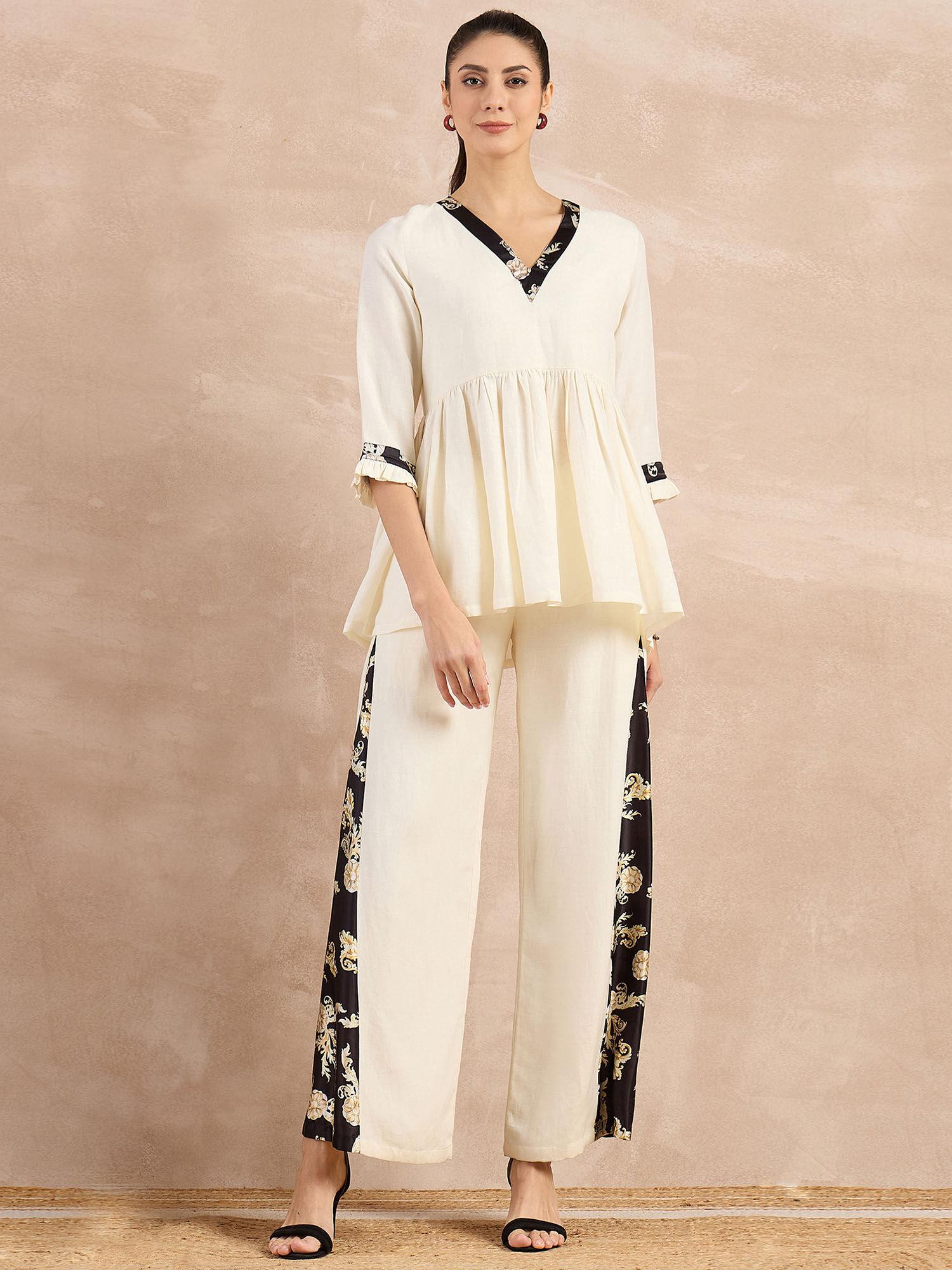 beige and black baroque printed linen co-ord (set of 2)