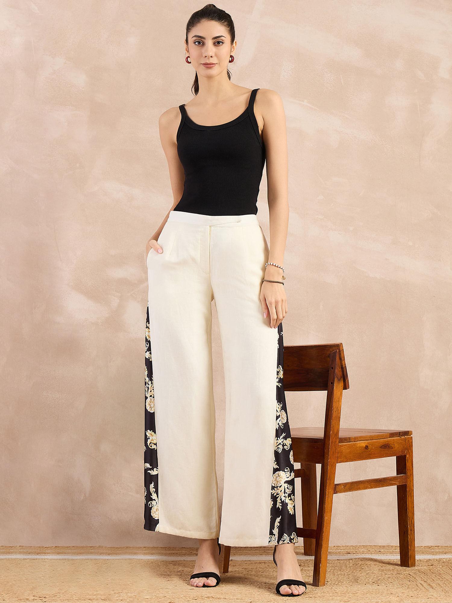 beige and black baroque printed linen wide pant