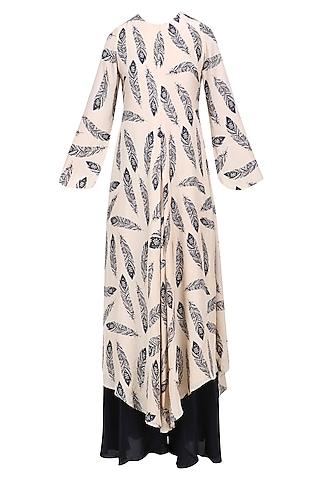 beige and black feather printed kurta with palazzo set