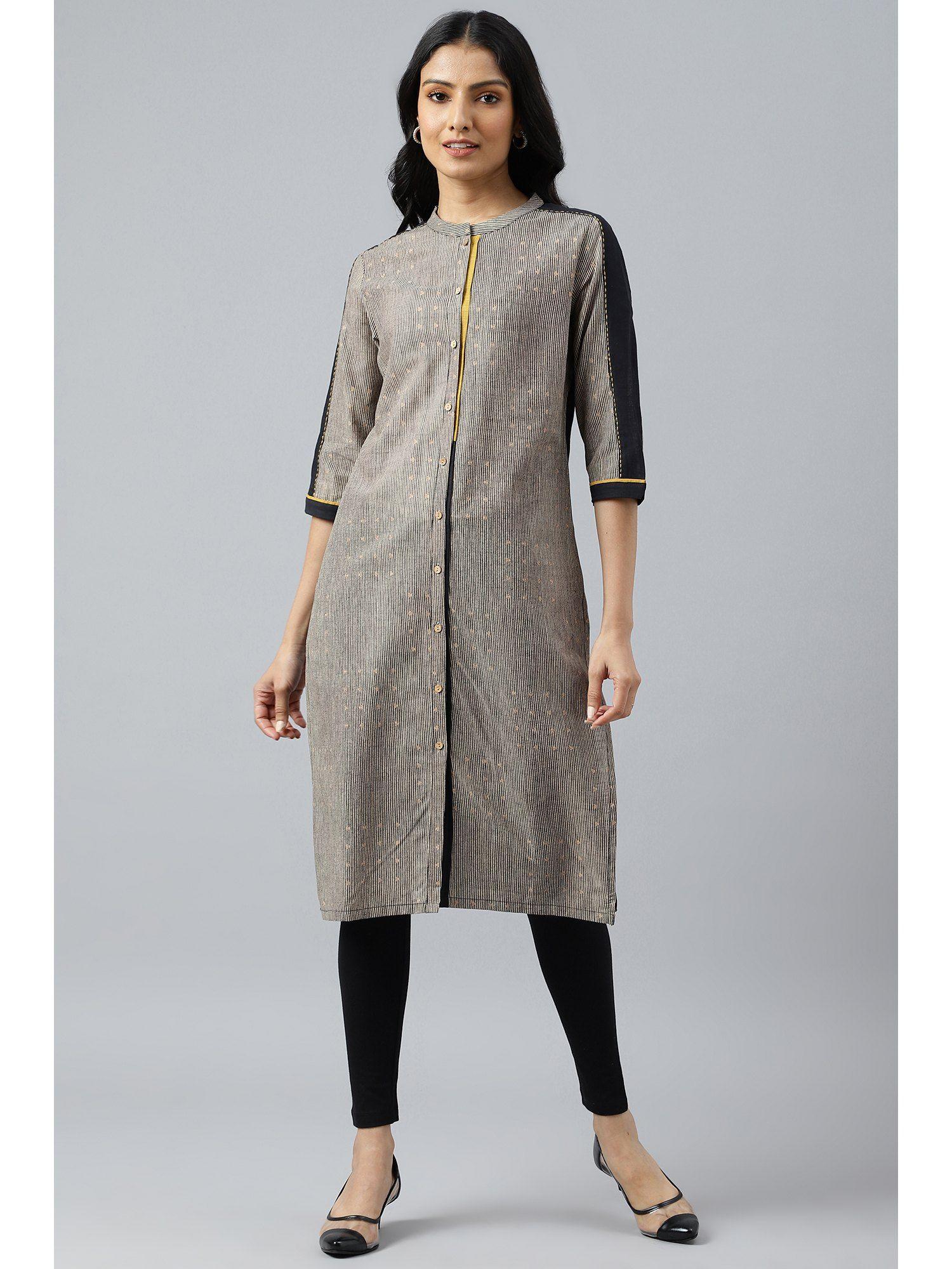 beige and black panelled kurta with mustard stich line