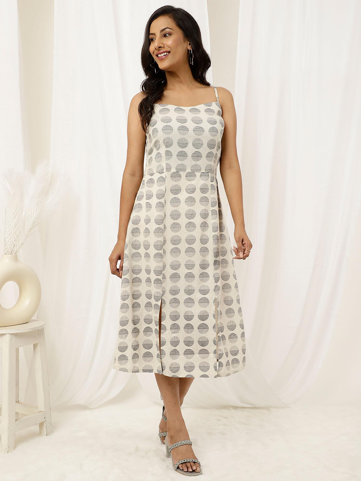 beige and black printed strappy cotton dress with slits