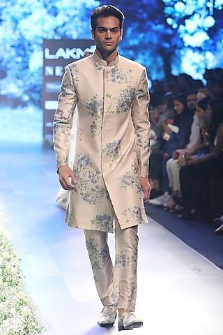 beige and blue dahlia print sherwani with pleated pants