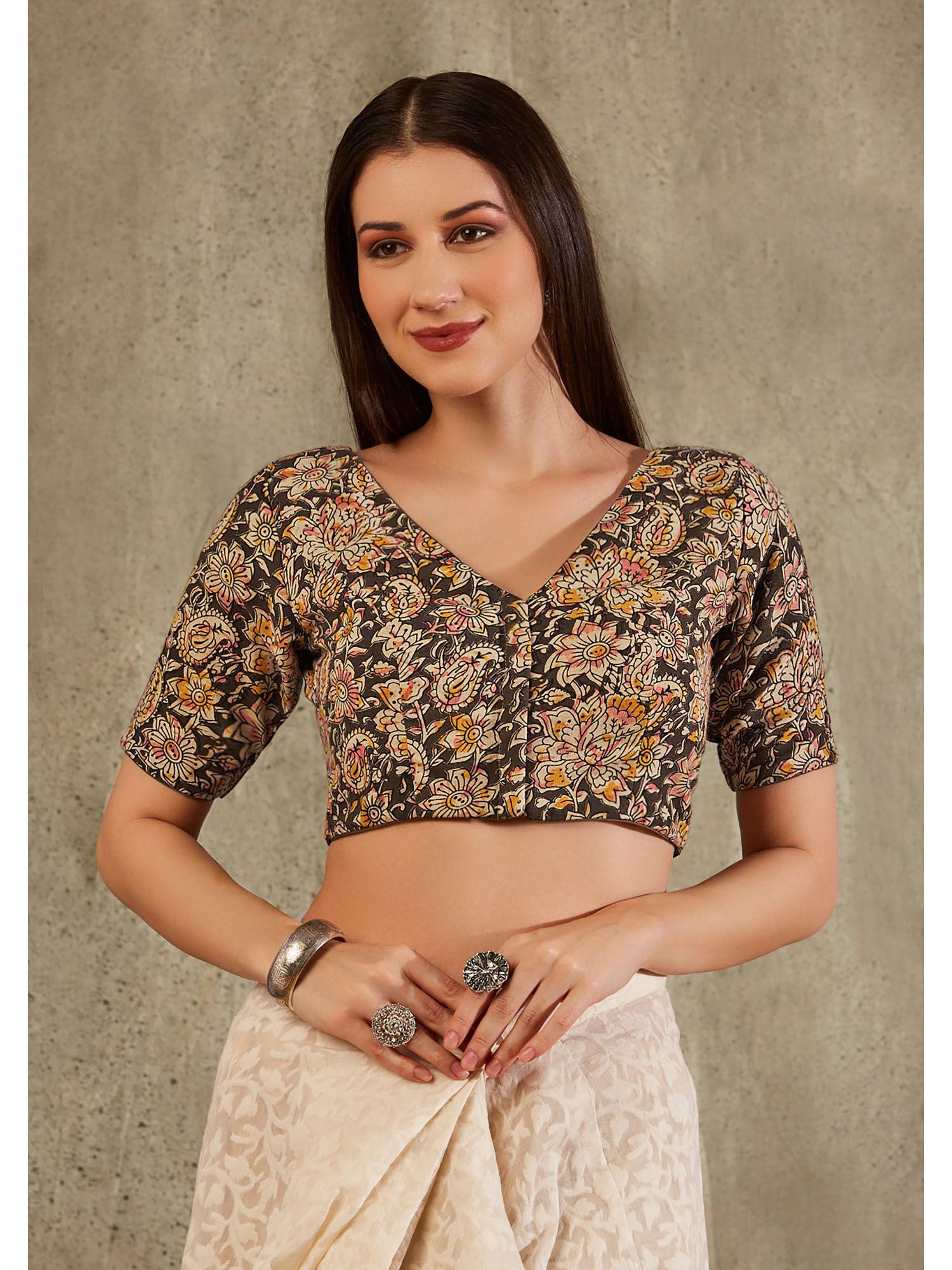 beige and brown cotton kalamkari blouse