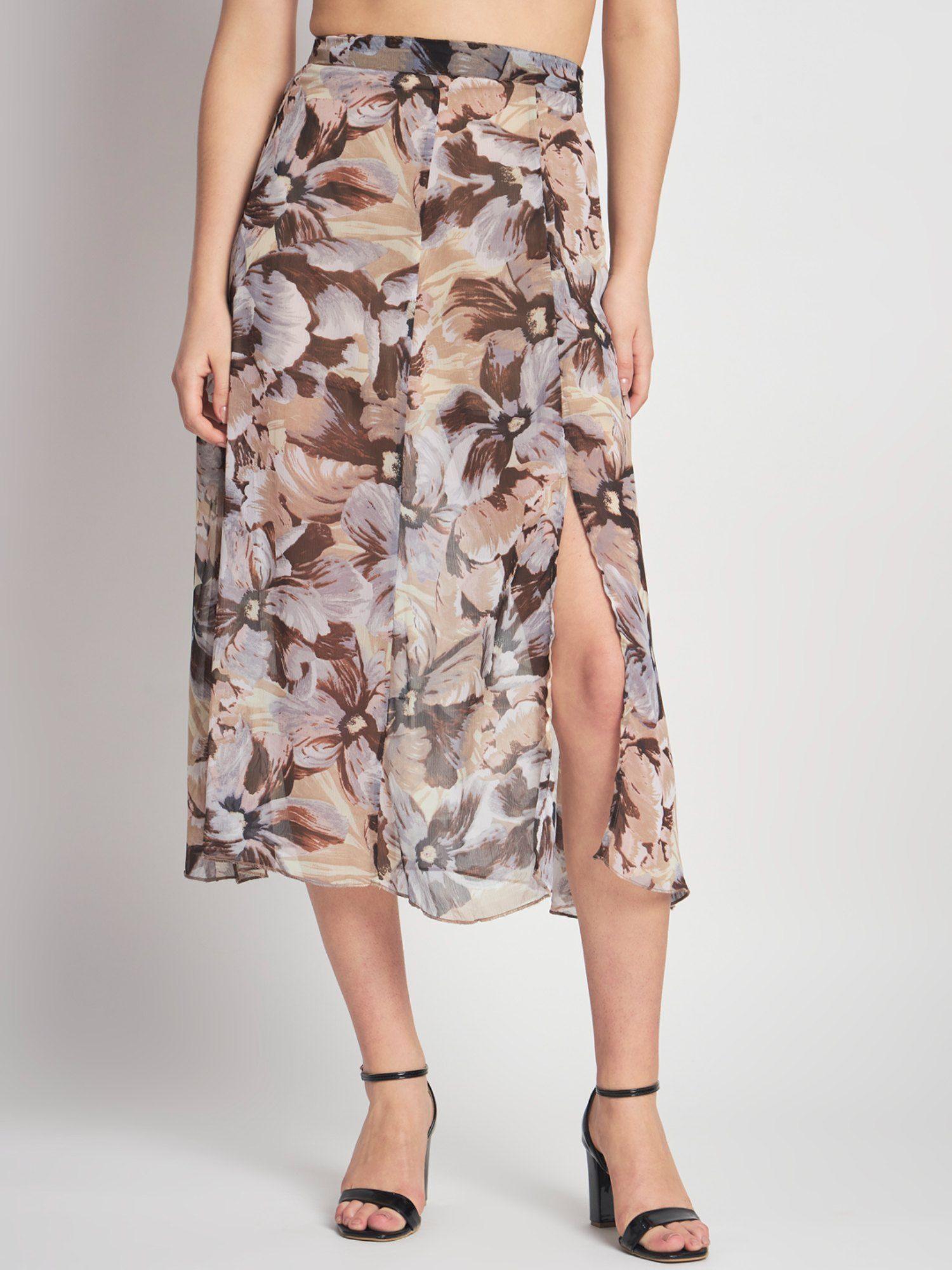 beige and brown floral printed mid-rise skirt