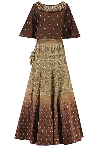 beige and brown shaded zari embroidered lehenga set