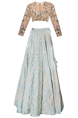 beige and mint blue floral embroidered lehenga set