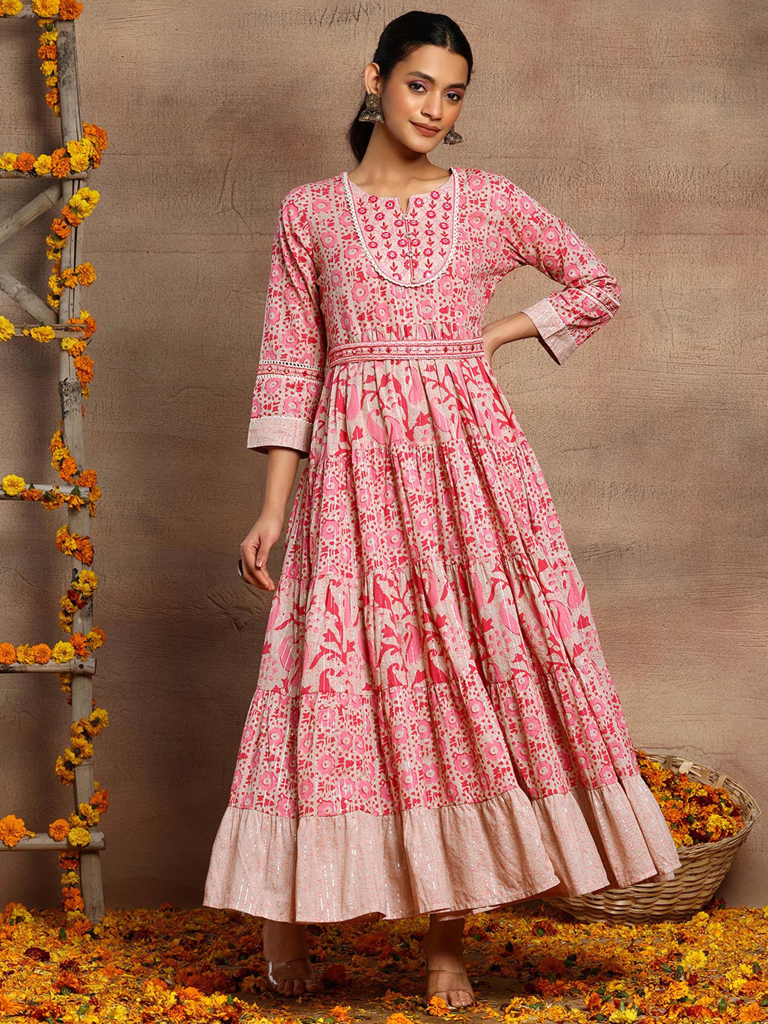 beige and pink batik print cotton anarkali kurta with belt (set of 2)