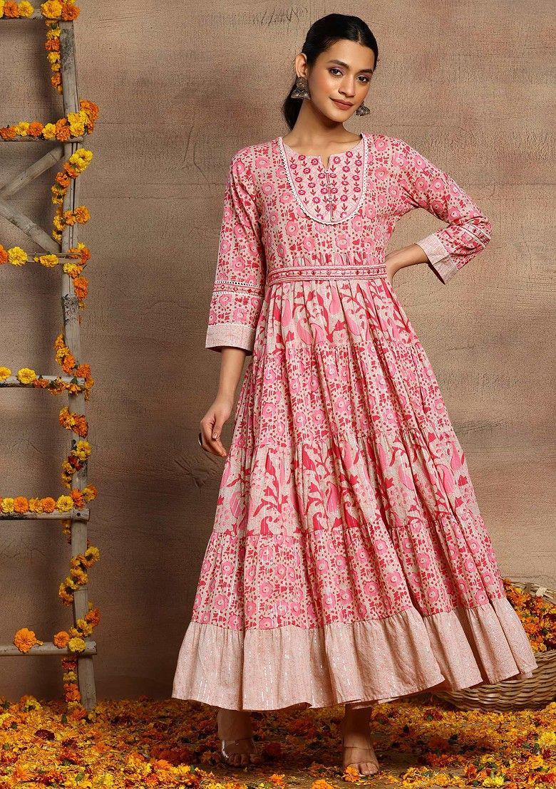 beige and red batik print cotton anarkali kurta with belt