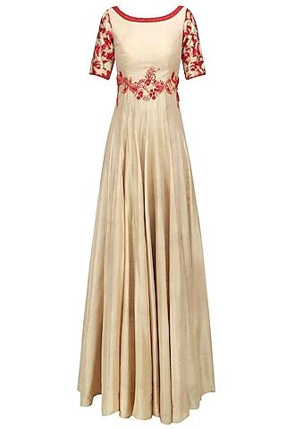 beige and red floral embroidered anarkali set