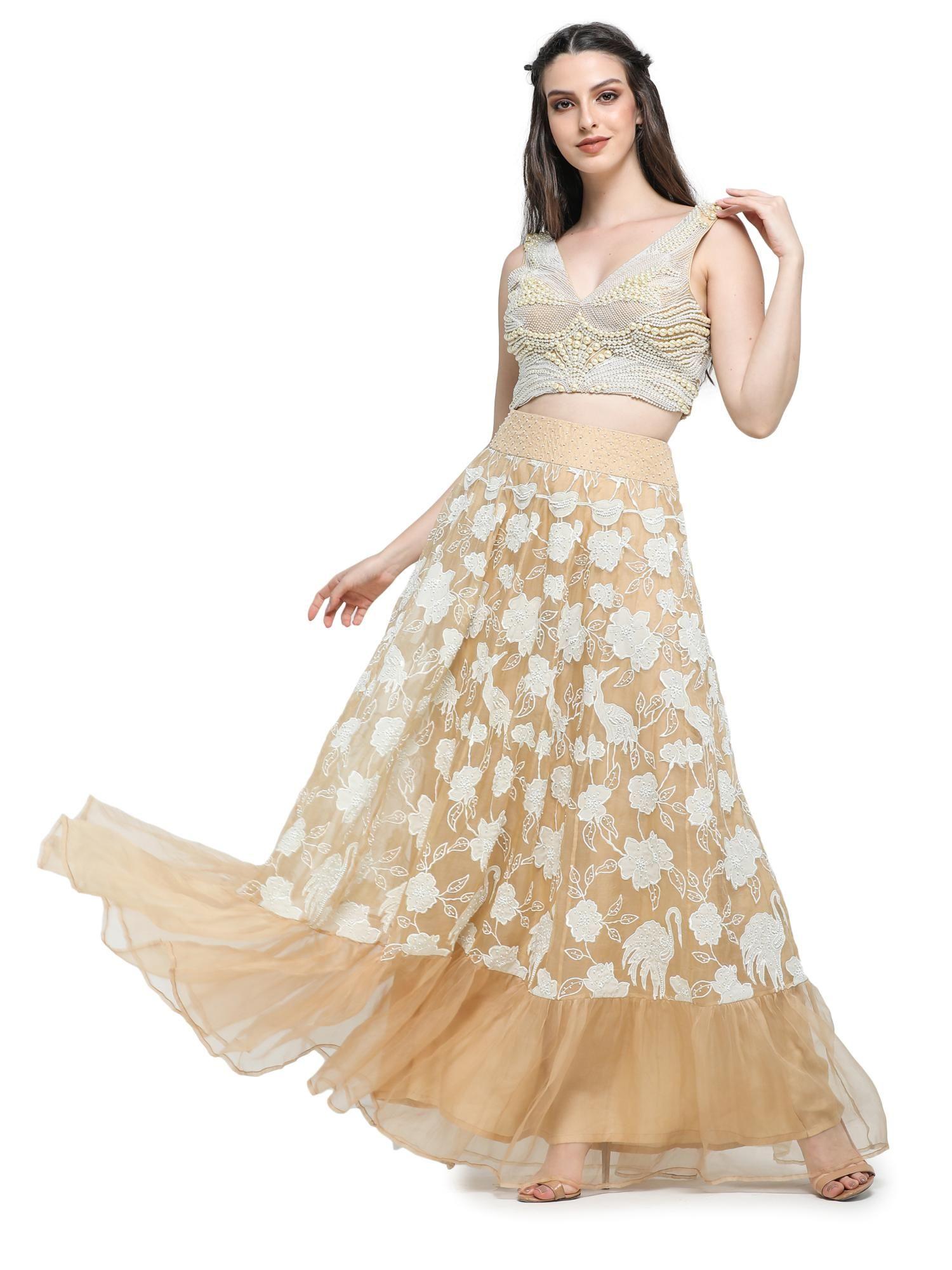 beige applique work skirt with pearl embroidered top (set of 2)