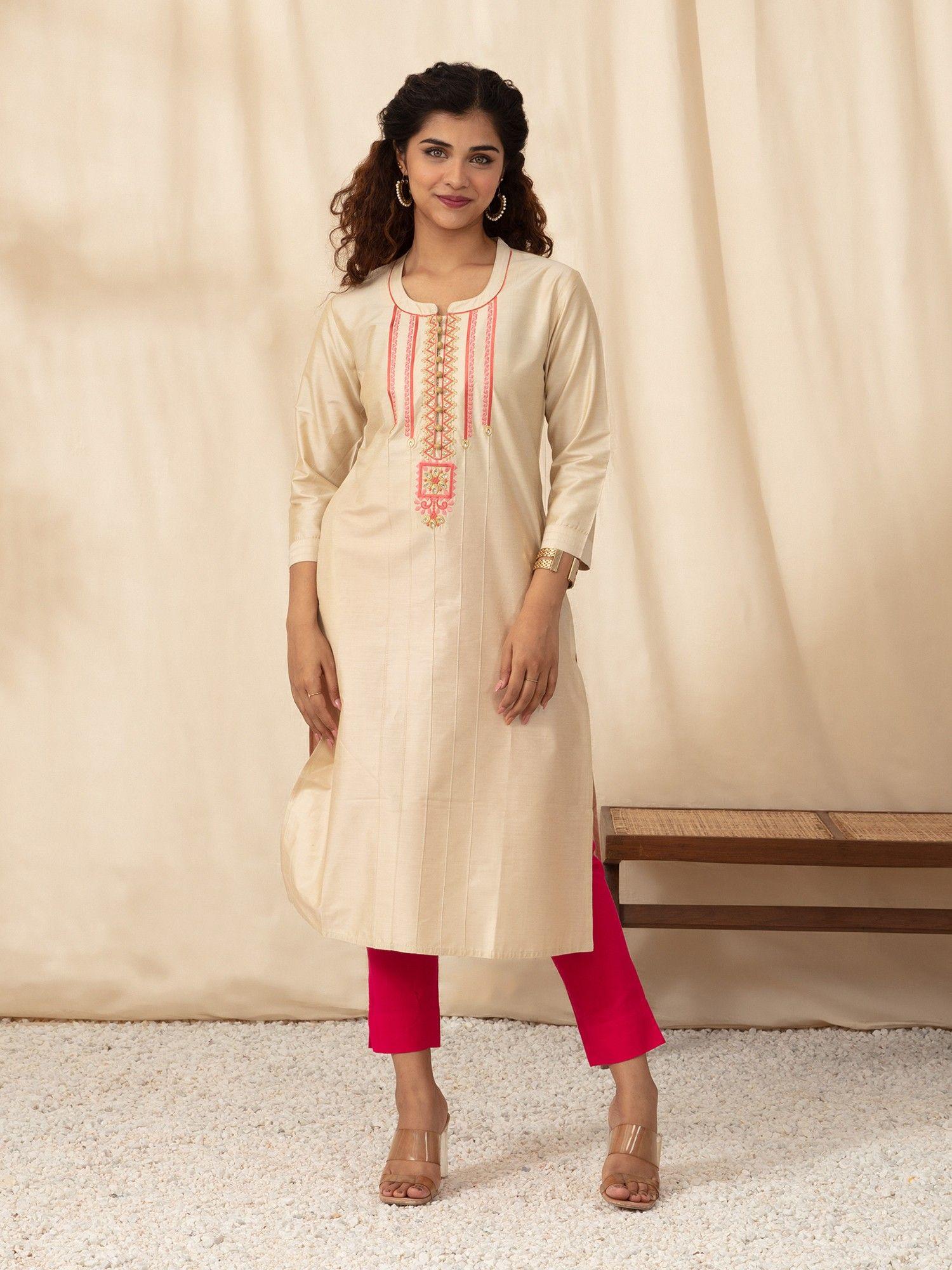 beige art silk embroidered kurta likkur177