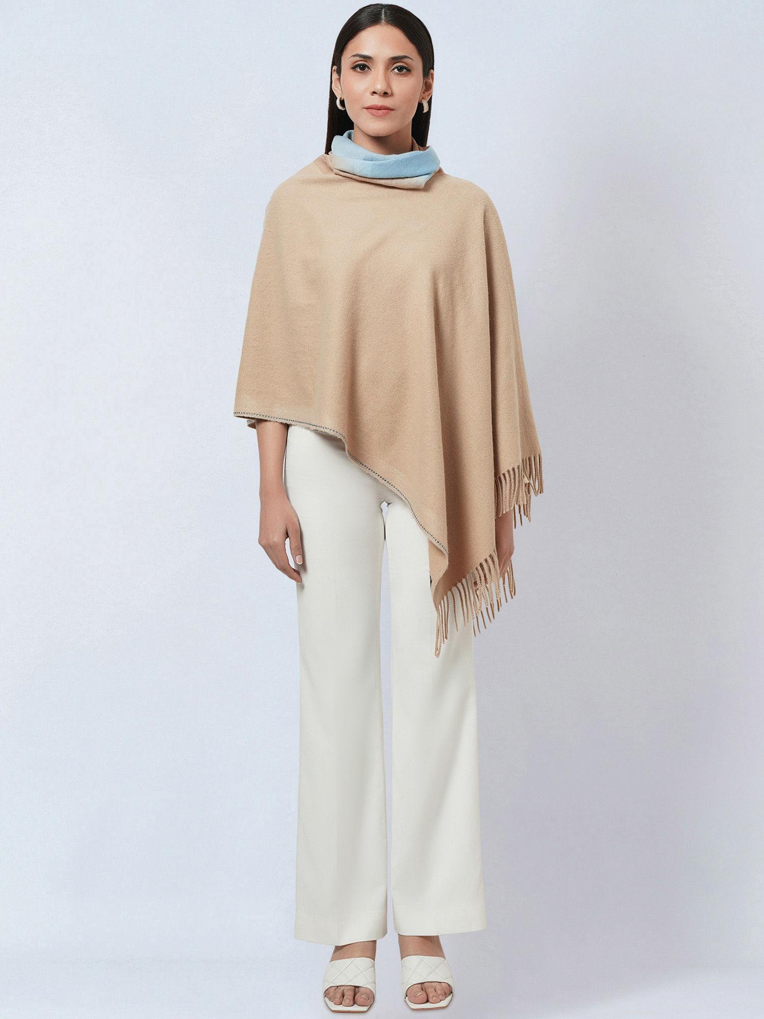 beige asymmetrical cowl neck embellished cashmere poncho