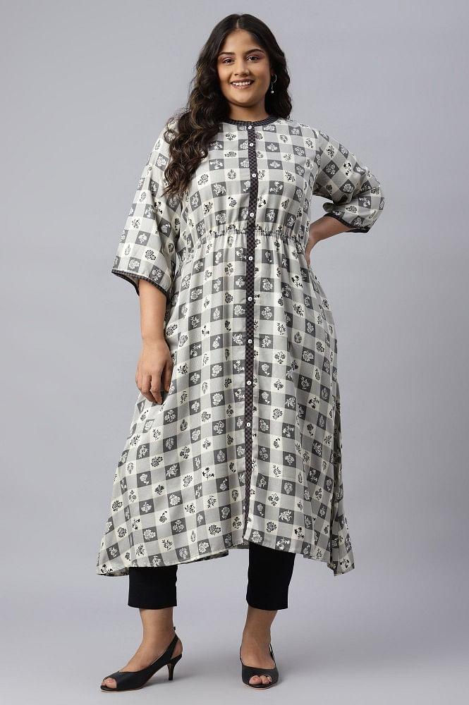 beige asymmetrical printed plus size kurta