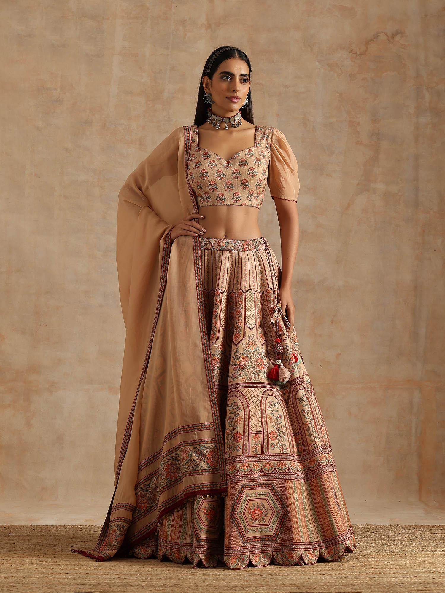 beige badami print lehenga with blouse and dupatta (set of 3)