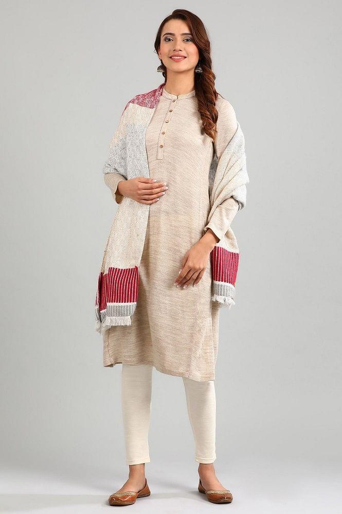 beige band collar yarn-dyed winter kurta